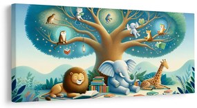 Quadro su tela – Animali sotto l’albero con libro