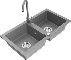 Mexen Mario lavello in granito a 2 vasche con rubinetto da cucina Telma, grigio - 6504-71-670200-71