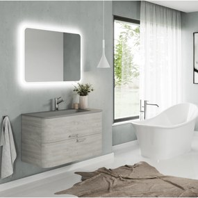 Mobile Bagno Sospeso 100 Cm Due Cassetti Specchio Con Illuminazione Led Savini Due "Geos" Legno Nordico