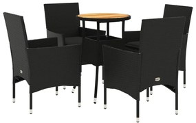 Set pranzo da giardino 5 pz con cuscini nero polyrattan acacia