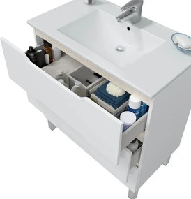 Mobile Da Bagno 80 Cm 3 Cassetti Con Piedini E Lavabo In Ceramica Lea Bianco Lucido