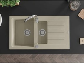 Mexen Matias lavello in granito 1,5 vasche con gocciolatoio 900 x 505 mm, beige, sifone cromato - 6502901505-69