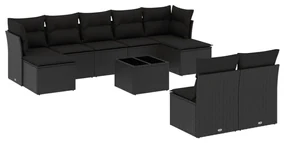 Set divani da giardino 10pz con cuscini in polyrattan nero