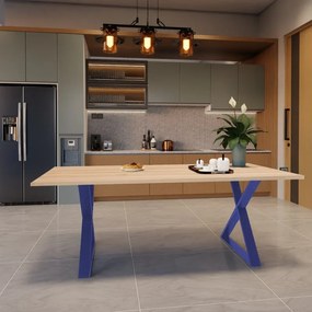 Tavolo da pranzo fisso in legno massello di frassino grezzo 150X90X3 cm, 2 gambe Cross blu