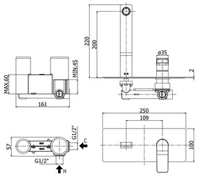 Paffoni Tilt Ti106no Miscelatore lavabo Incasso 2 Fori Piastra Rettangolare E Bocca 24 cm Nero Opaco