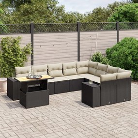 Set divani da giardino 10pz con cuscini in polyrattan nero