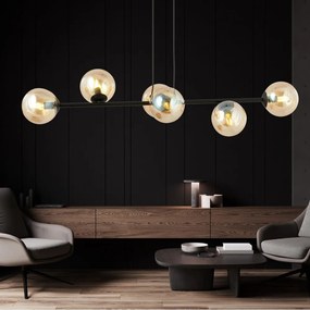 Lampadario a Sospensione in Acciaio e Vetro ROSSI 6 Nero 6xE14 Colore delle Sfere Ambrate