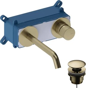 Rubinetto per lavabo Loop k monocomando a parete per lavabo bocca 18cm + corpo incasso + piletta di scarico brushed gold