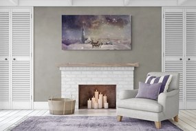 Quadro su tela – Cervo e caprioli nel villaggio innevato