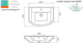 Lavabo bagno sospeso 65 cm ceramica Litos-BN65 - KAMALU