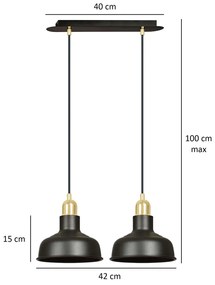 Lampadario Industrial 2 Luci Kubera In Acciaio Nero Con Elementi In Oro