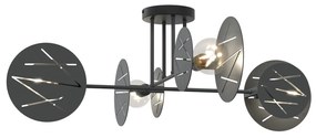 Plafoniera 4 Luci Plutone In Acciaio Nero A Bracci E Diffusori A Cerchio