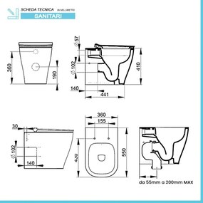 Wc filomuro Rimless Mirto con scarico traslato a pavimento o a parete