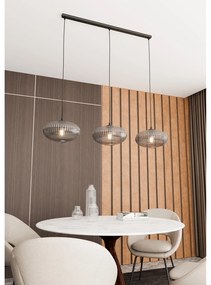 Lampadario 3 Luci Iris In Acciaio Nero Paralume Plissettato Fumè