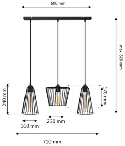 Lampadario a sospensione con filo TORRI 3xE27/15W/230V nero