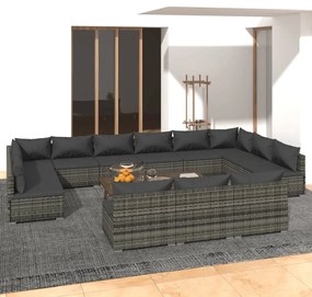 Set Divani da Giardino 13 pz con Cuscini in Polyrattan Grigio