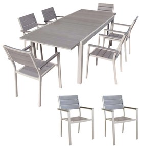 TRIUMPHUS - set tavolo in alluminio e teak cm 180/240 x 100 x 73 h con 8 poltrone Xanthus