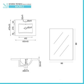 Mobile bagno sospeso 60cm bianco opaco con cassetti lavabo e specchio Elva