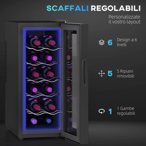 Cantinetta Vino Refrigerata per 12 Bottiglie Doppio Controllo Temperatura Ripiani Regolabili e Luci Nero...