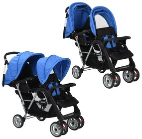 Passeggino Gemellare A Tandem İn Acciaio Blu E Nero /