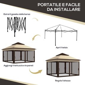 Gazebo Regolabile su 3 Livelli con Pareti Rimovibili 3x3m in Acciaio e tessuto Oxford Caffè e Beige...