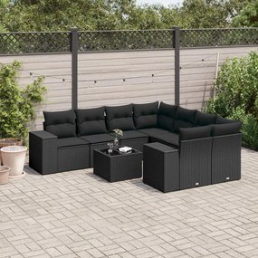 Set divani da giardino 9 pz con cuscini nero in polyrattan