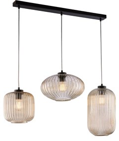 Sospensione 3 Luci Glamour Con Binario E Vetro Soffiato Ambra Plissettato