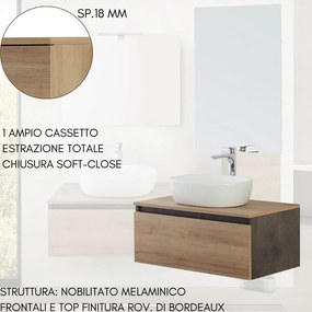 Mobile Bagno Sospeso con Lavabo da Appoggio e Specchio 1 Cassetto Salvaspazio in Legno  80 cm - Rovere di Bordeaux