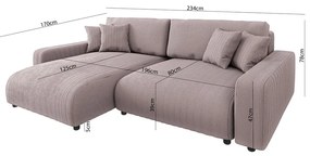 Divano letto angolare in velluto a coste rosa chiaro (penisola variabile) Sara - Ropez