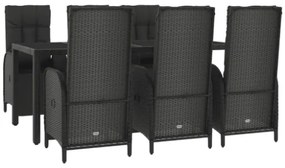 Set da Pranzo da Giardino 7 pz Nero con Cuscini in Polyrattan