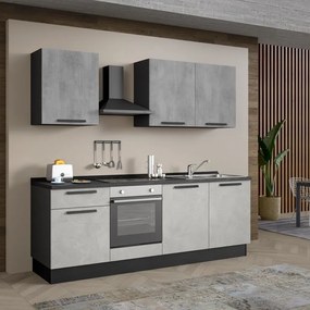 Cucina montata Dora bianco e grigio chiaro, lavello a destra, L.240 cm, completa di: cappa a camino, piano cottura a induzione e forno