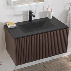 Mobile bagno sospeso 80cm effetto cannettato con lavabo nero KDS-80L - KAMALU