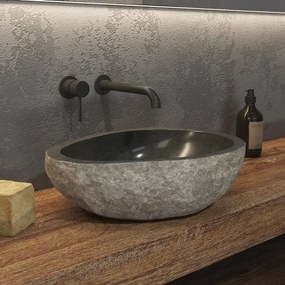 Lavabo da appoggio in pietra di fiume grigia 40-45 cm | Litos-River4 - KAMALU