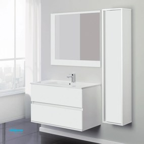 Mobile Bagno Sospeso "Fabula" Da 90 Cm Composto Da Due Cassetti Lavabo E Specchio Finitura Bianco Opaco/Bianco Lucido