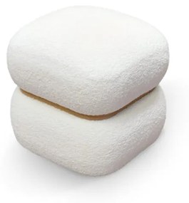 Pouf BOSTON quadrato in tessuto effetto lana bianco e anello in legno