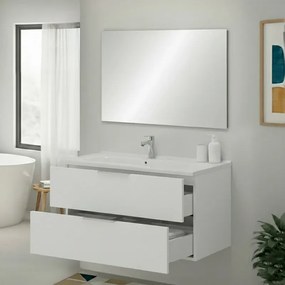 Mobile bagno sospeso 100cm bianco opaco con cassetti lavabo e specchio Elva