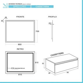 Mobile bagno sospeso 60 cm grigio perla lavabo 120 destro e specchio LED Iside