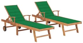 Lettini Prendisole 2 pz con Cuscino Verde in Legno di Teak