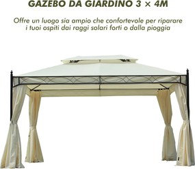 Gazebo da Giardino 3x4m in Acciaio Teli Laterali e Doppio Tetto Crema...