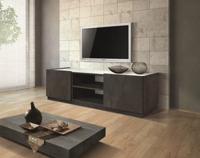 Porta Tv FAVIGNANA in legno, finitura in acciaio ossidato, piano effetto marmo statuario, 160&#215;45 cm