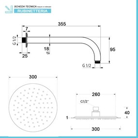 Soffione doccia tondo 30 cm con braccio 33 cm in acciaio nero opaco