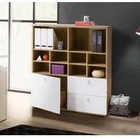 Libreria Industry per ufficio con 2 cassetti e un'anta in finitura Rovere e Bianco laccato, ZCMGLBLB5529