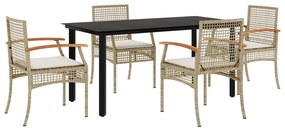 Set da pranzo da giardino 5 pz con cuscini beige in polyrattan