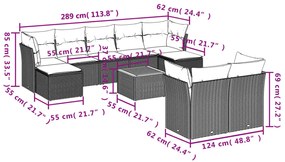 Set Divani da Giardino 10pz con Cuscini in Polyrattan Nero