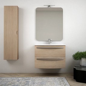 Mobile bagno rovere tabacco sospeso 75 cm design tondo - Berlino con specchio filo lucido e colonna da 140 cm