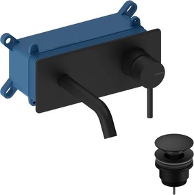 Rubinetto per lavabo Loop monocomando a parete per lavabo bocca 14cm + corpo incasso + piletta di scarico + placa rettangolare black matt