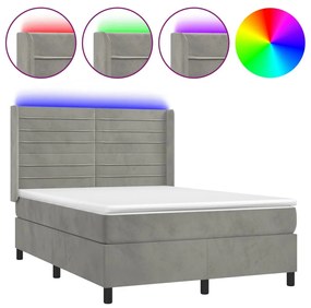 Letto a molle materasso e led grigio chiaro 140x190 cm velluto