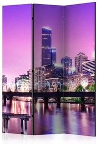 Paravento Melbourne viola (3 parti) - grattacieli su sfondo viola