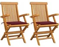 Sedie Giardino con Cuscini Rosso Vino 2 pz Legno Massello Teak 3062496