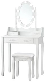 Costway Set tavolo toeletta con 10 luci LED e specchio ovale, Tavolo da trucco con 4 cassetti e sgabello imbottito Bianco